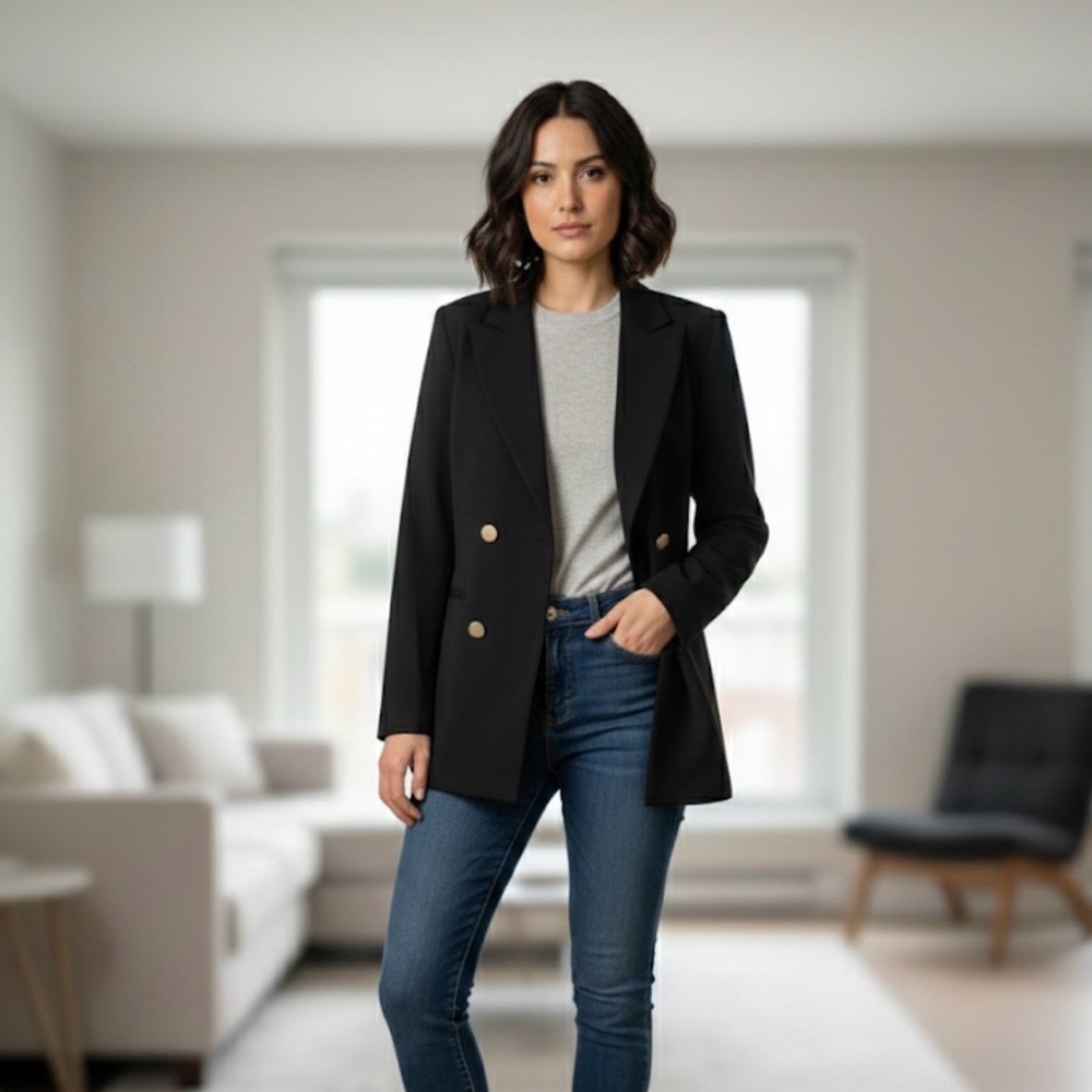 Double-Breasted Lined Blazer, Shoulder Pads, Women’s M (6), Black